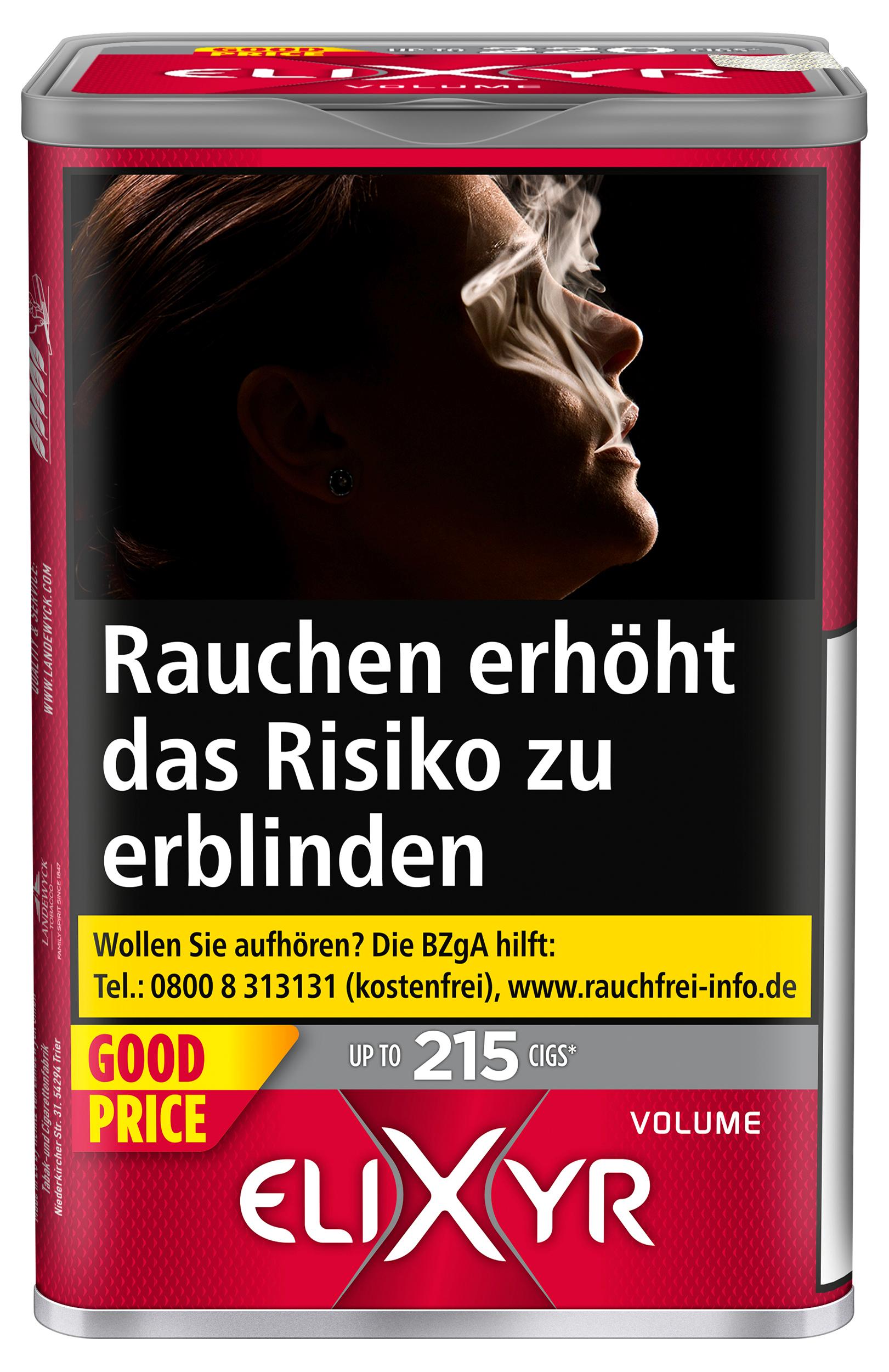 Roter und weißer 1 Eimer mit Elixyr Volumentabak Red American Blend, ergiebig zum Stopfen, mittelkräftig.