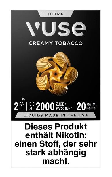 Schwarze Vuse Ultra Packung mit Goldakzenten und Spiraldesign, enthält 2 Stück à 20 mg/ml Nikotin für bis zu 2000 Züge; Liquids made in USA.