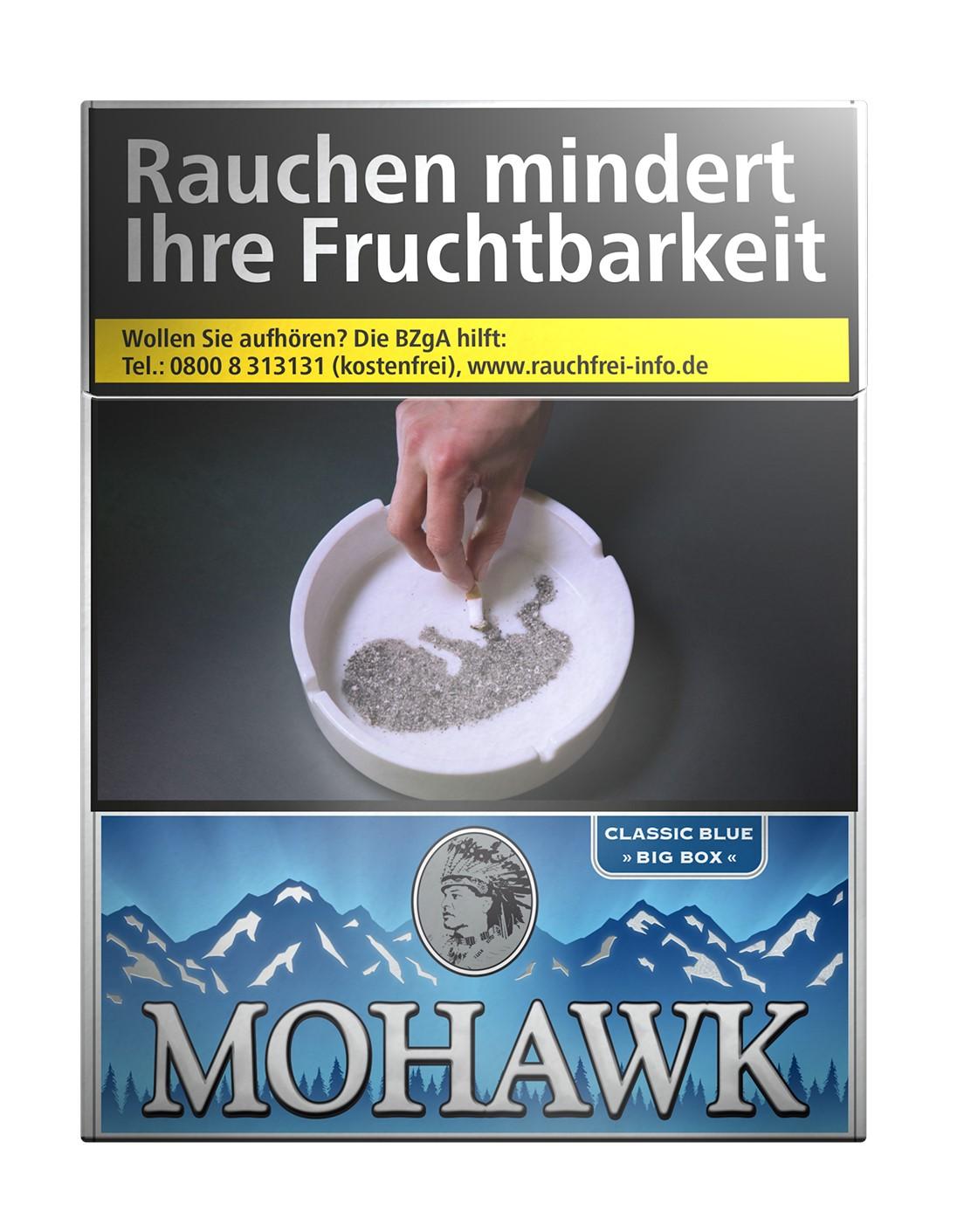 Mohawk Classic Blue Zigaretten als Stange mit 8 Packungen zu je 25 Stück in der Big Box Verpackung mit aufgedrucktem Warnhinweis.