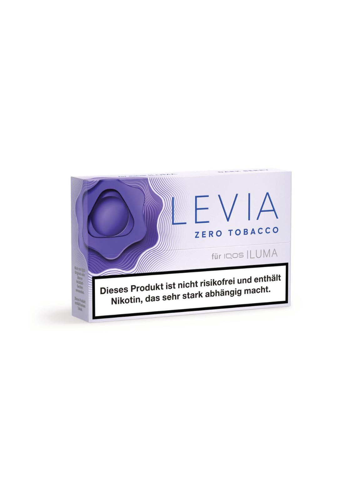 LEVIA Dark Berry Tabaksticks für IQOS ILUMA und ILUMA i Geräte in der 20er-Packung mit weiß-violettem Design und gesetzlichem Warnhinweis.