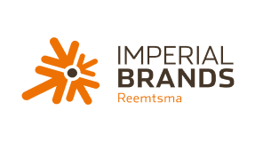 Logo von Imperial Brands mit stilisiertem, leuchtend orangefarbenem Blüten-Design und dem Schriftzug „IMPERIAL BRANDS“ sowie „Roomtumo“ auf schwarzem Hintergrund.