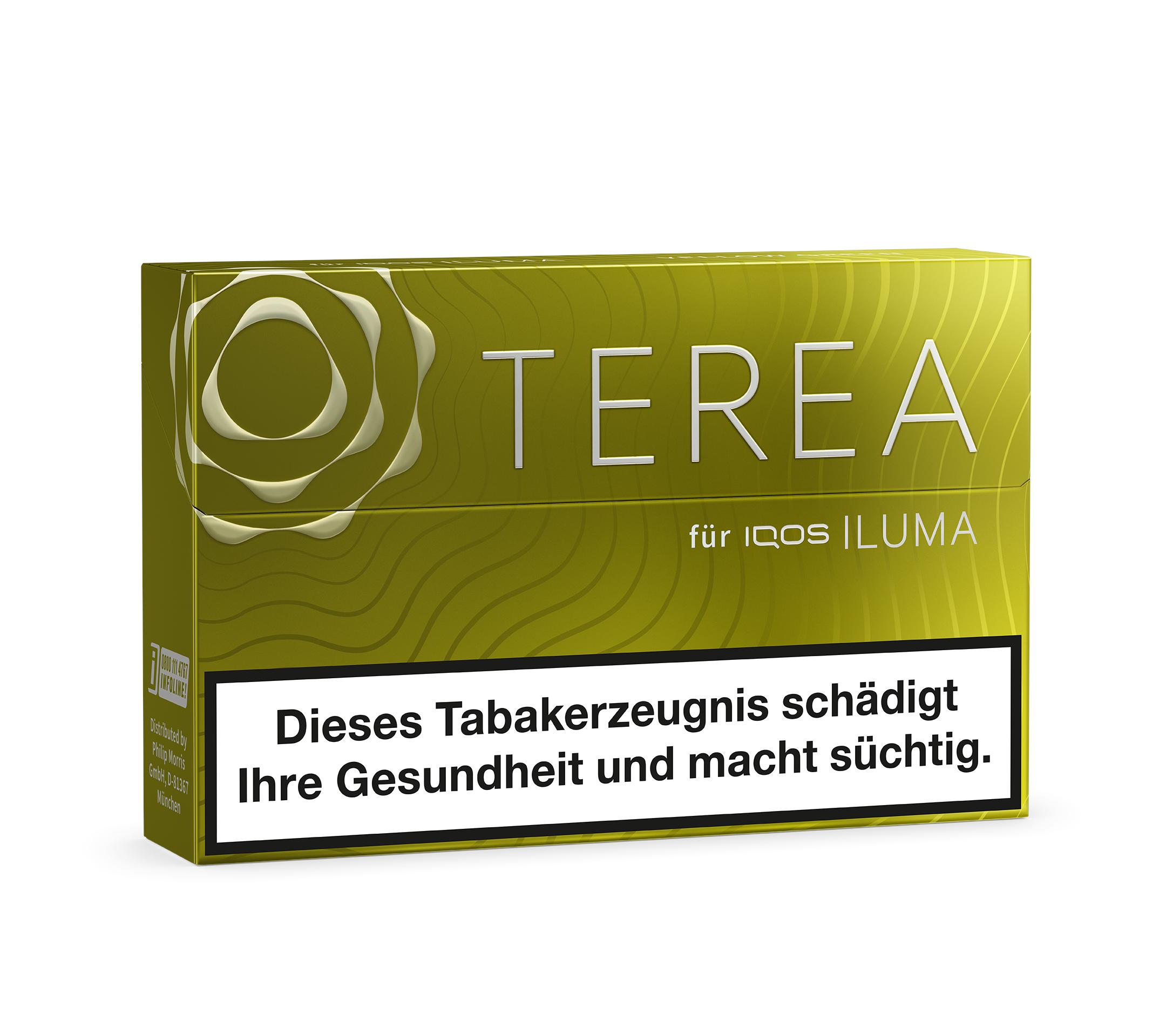 TEREA Yellow Green Tabaksticks für IQOS ILUMA in olivgrüner Packung mit 20 Stück, inklusive des gesetzlichen Warnhinweises auf der Vorderseite.