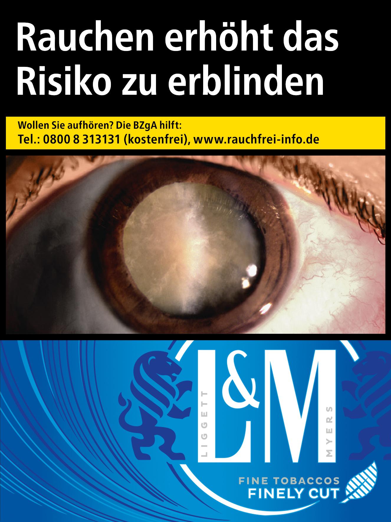 Produktfoto einer Packung L&M Blue XL Zigaretten, enthaltend 22 Stück. Die zugehörige Werbung der Marke L&M visualisiert den Warnhinweis 'Rauchen erhöht das Risiko zu erblinden' durch ein auffälliges blaues Auge.