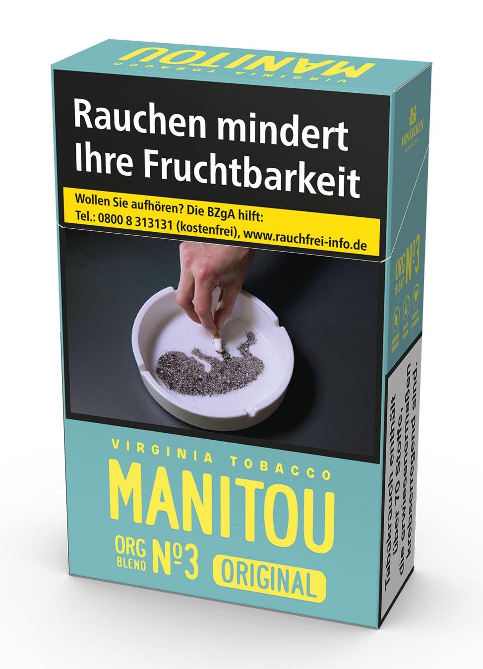Manitou Zigaretten Organic No. 3 Sky, eine Stange mit 10 Packungen zu je 20 Stück, hergestellt aus Virginiatabaken ohne Zusatzstoffe in einer hellblauen Verpackung.