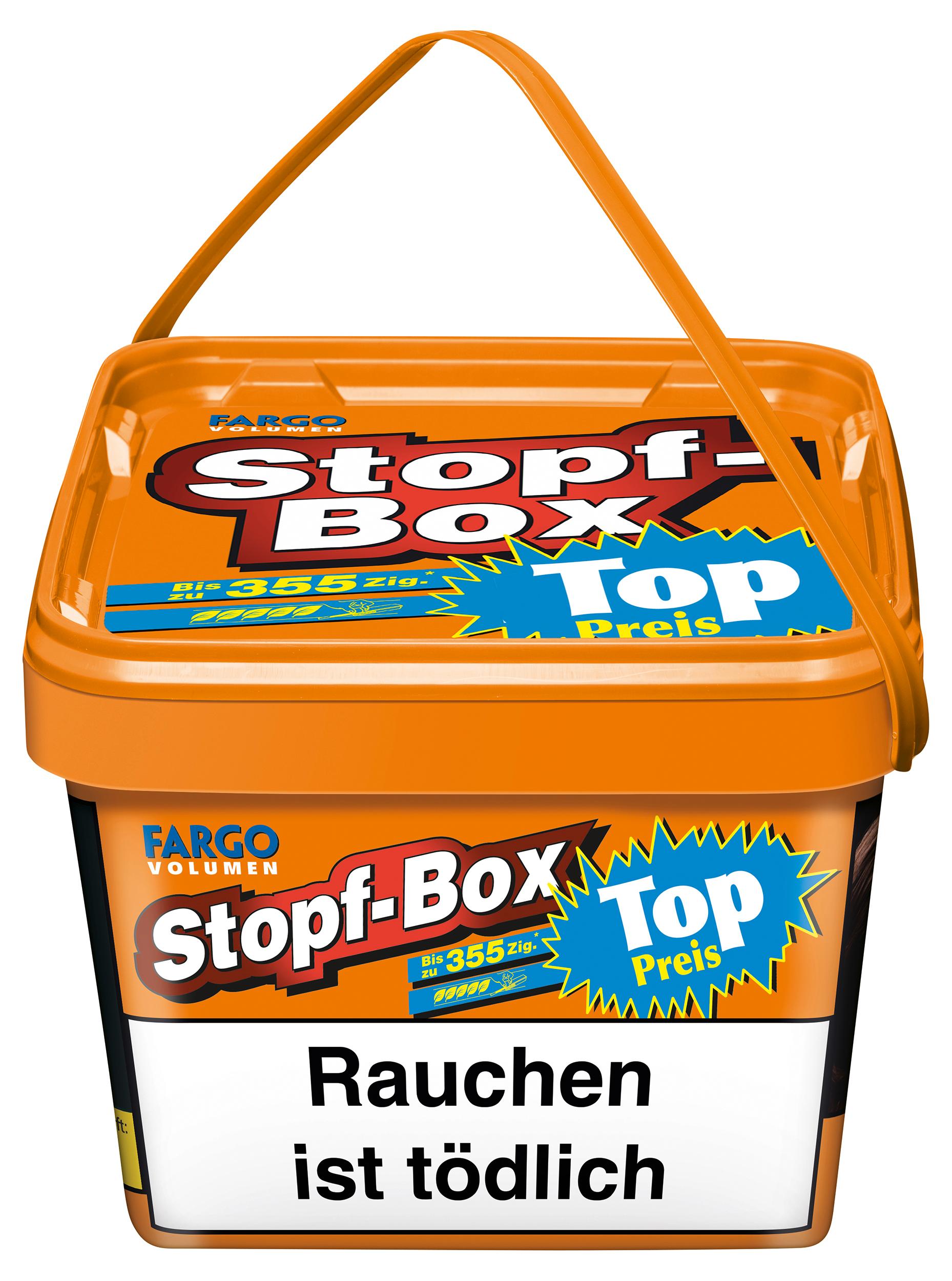 Orangefarbene Kunststoff-Stopf-Box "Top Preis" von Fargo, gefüllt mit 160 Gramm mittelkräftigem Volumentabak der Sorte American Blend zum Stopfen von Zigaretten, mit blau-rotem Design und praktischem Tragegriff am Eimer.