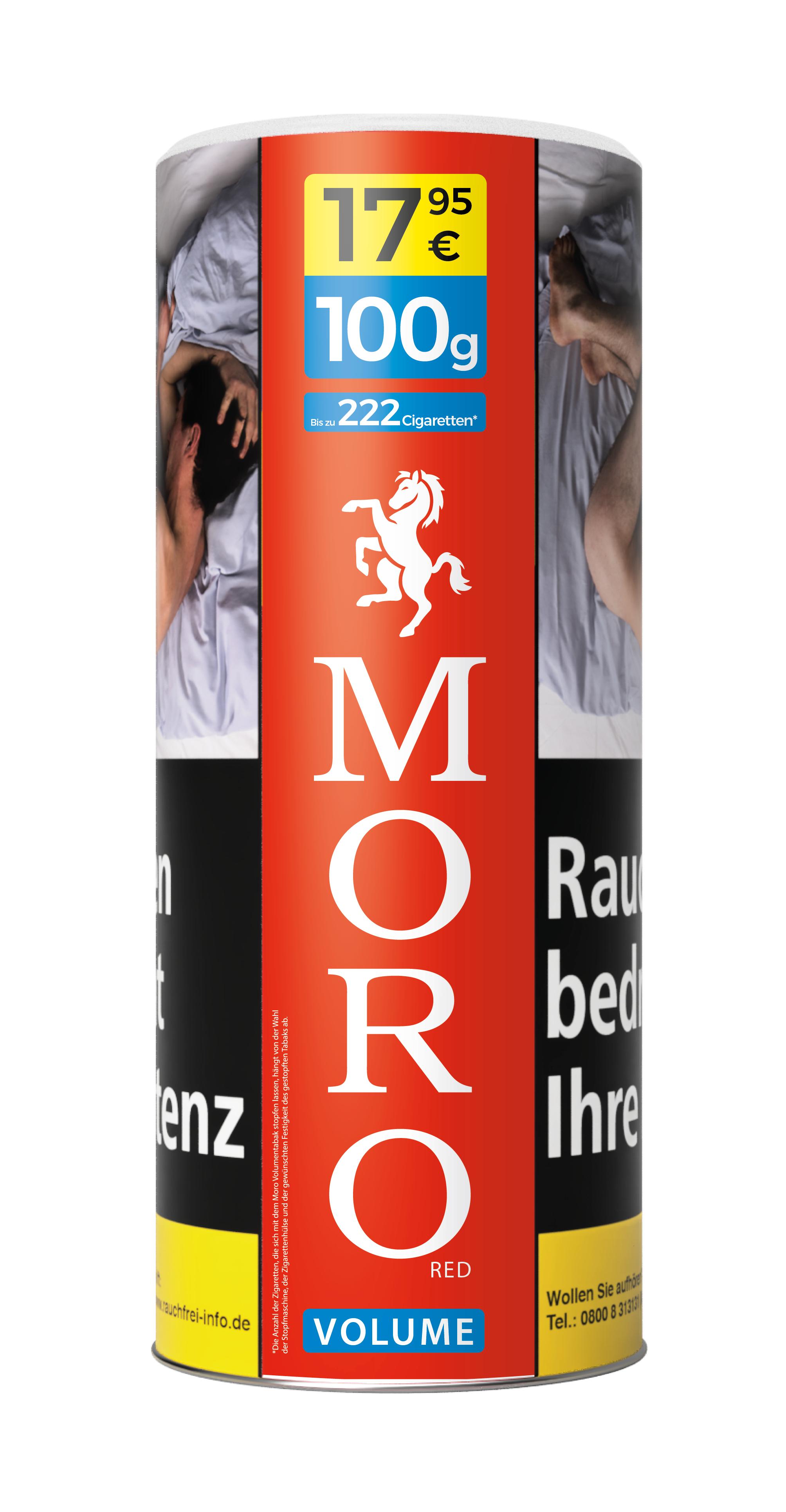 Zylindrische, rote 90-Gramm-Dose Moro Volumentabak Rot der Marke Moro, mit einer auffälligen Abbildung eines Mannes im Bett mit einem Pferd darüber.