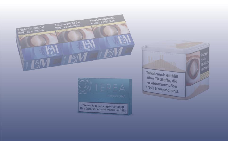Eine Packung Zigaretten, Tabak und Tabakerhitzer vor weiß-blauem Hintergrund mit Farbverlauf.