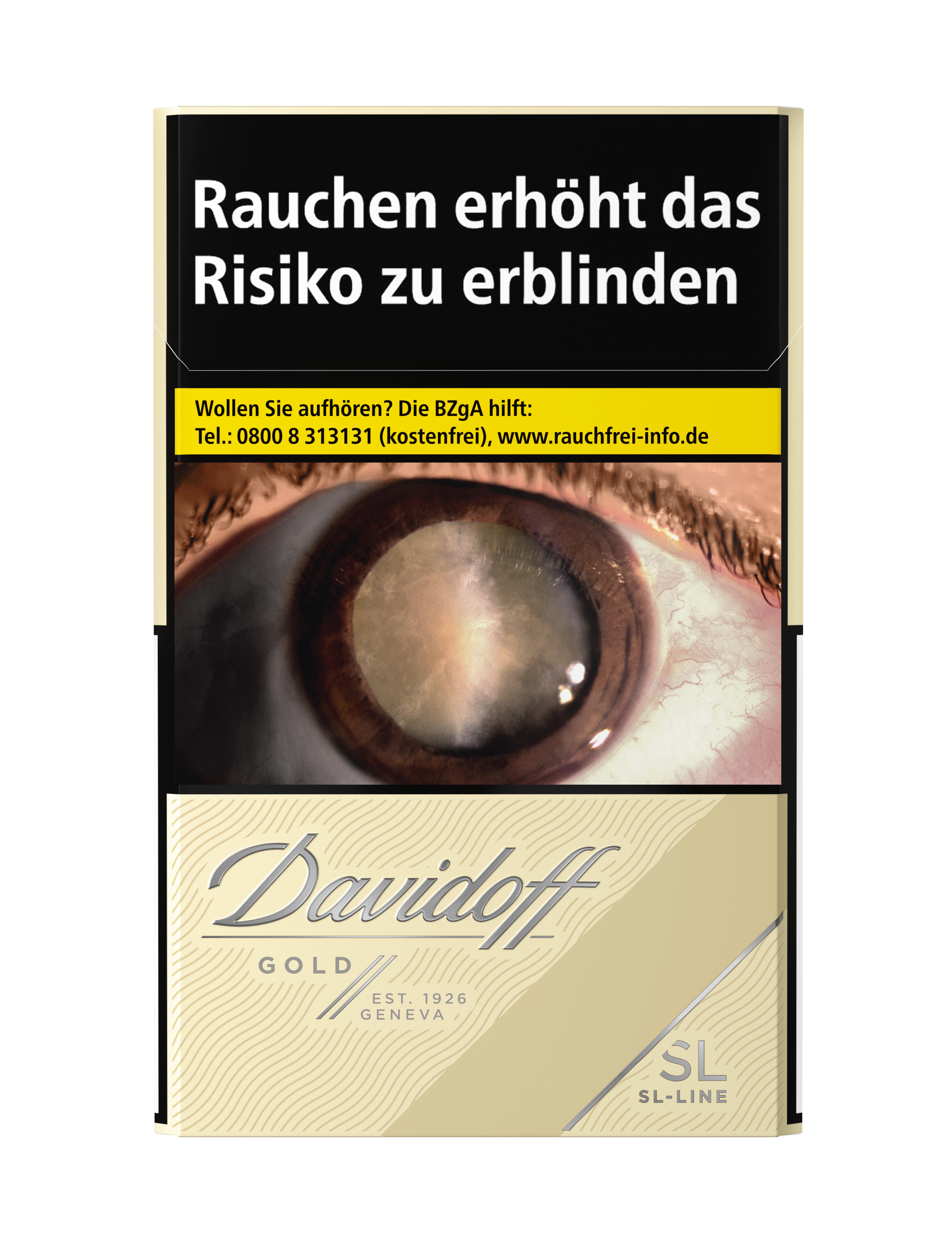 Einzelpackung Davidoff Gold Slim Zigaretten im beigen/cremefarbenen Design mit Davidoff Gold Logo für milden Geschmack im Slim Format.