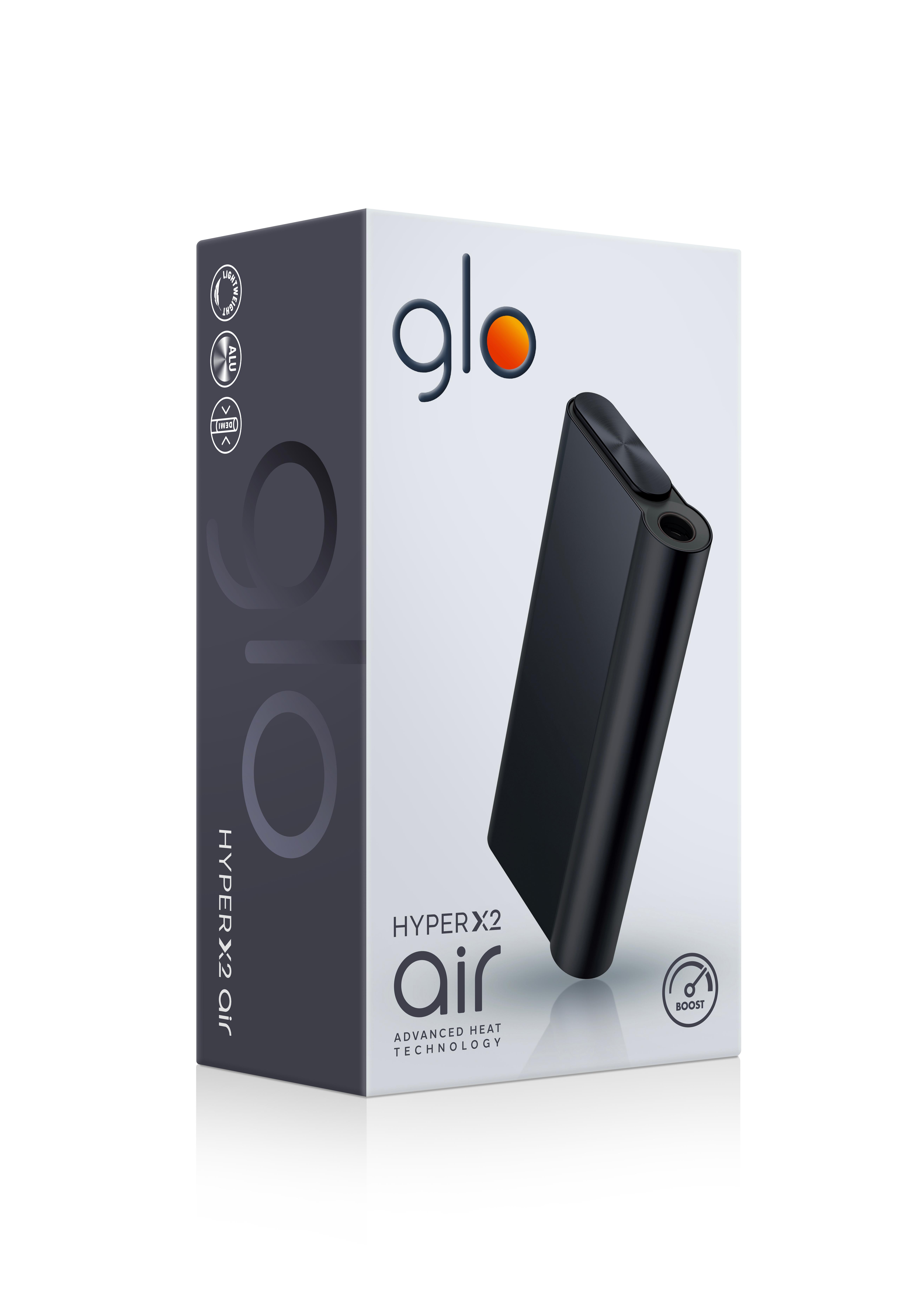 Schwarze Produktverpackung des glo HYPER X2 Air Device Kits in der Farbe Moonless Black mit dem Markennamen und technischem Schriftzug.