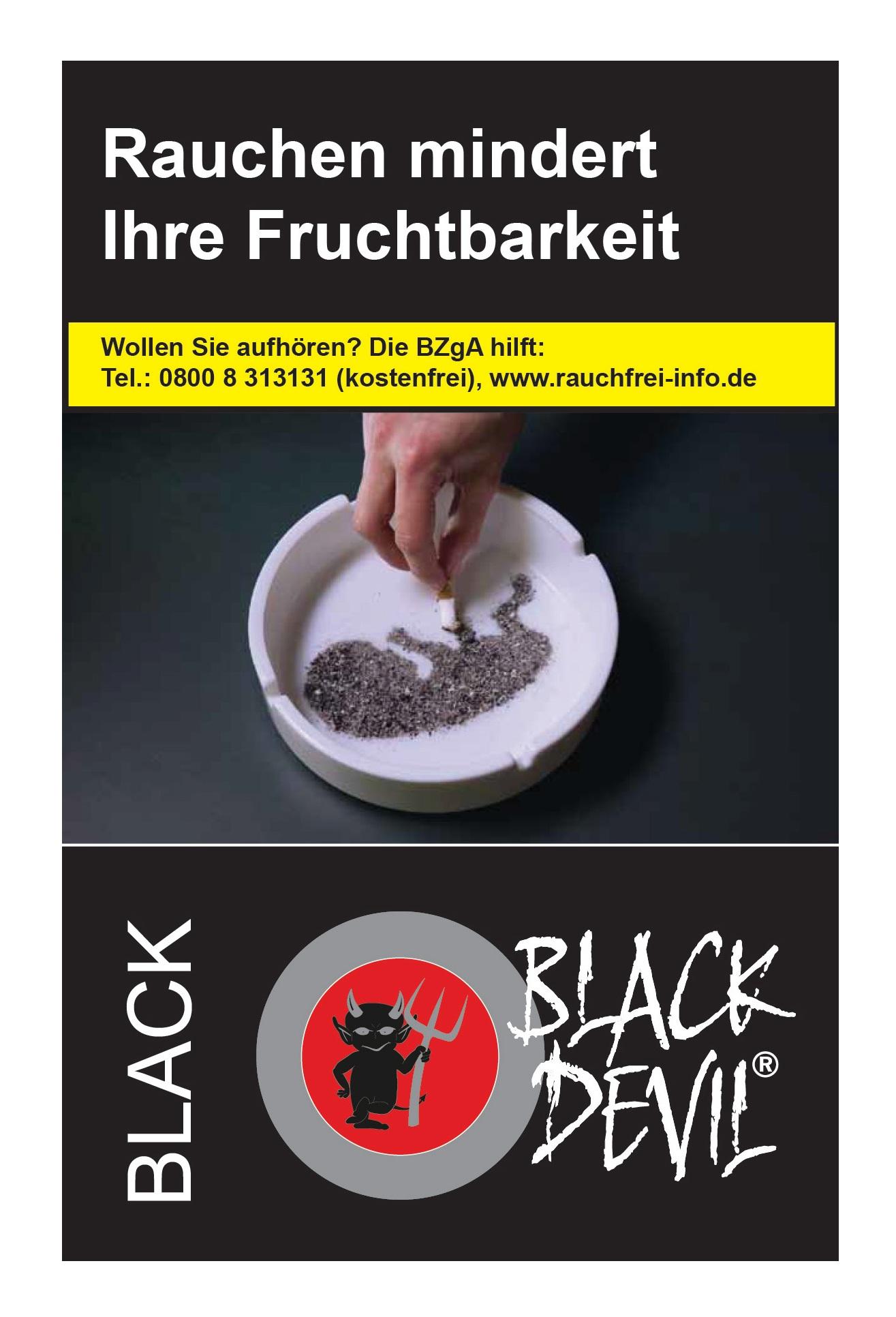 Black Devil Zigaretten Black in einer Packung mit 20 Stück, inklusive der gesetzlich vorgeschriebenen Warnhinweise auf schwarzem Hintergrund.