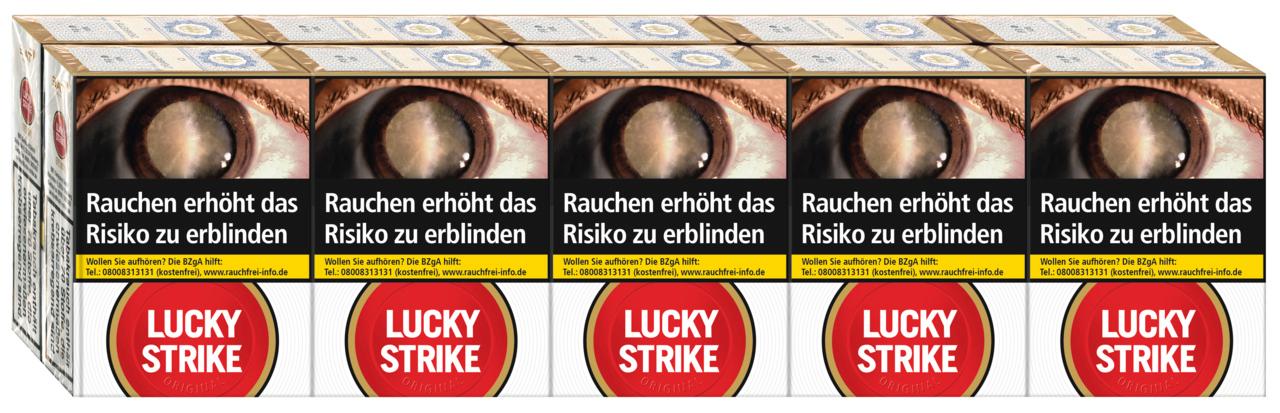Eine Stange Lucky Strike Red Zigaretten ohne Filter (10 Packungen à 20 Stück) in der typischen Lucky Strike Box.