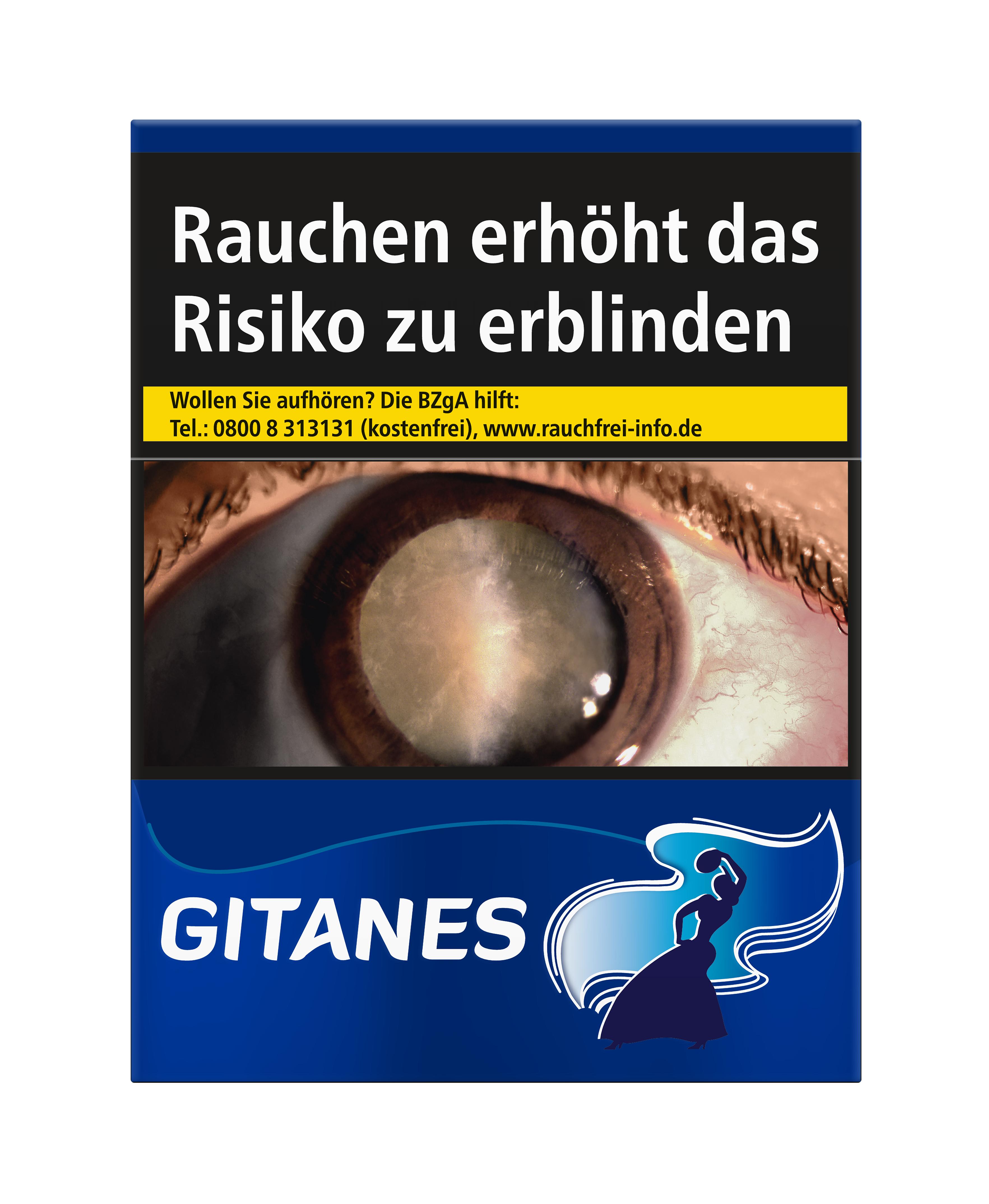 Gitanes Zigaretten ohne Filter, 1 Stange: Blaue und schwarze Packung mit Augenmotiv.