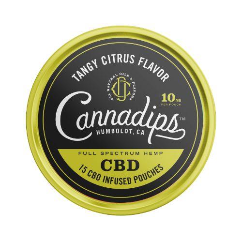 Runde Dose Cannadips CBD Pouches von Cannadips mit schwarzem Etikett, gelbem Rand und 15 Stück à 10mg CBD.