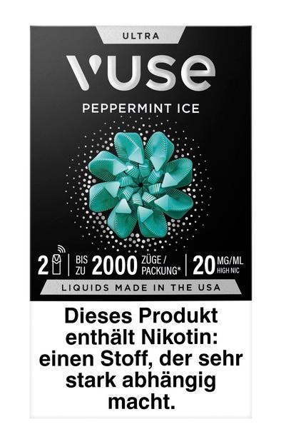 Schwarze Vuse Ultra Packung mit weißem Rand und teal-farbenem Muster. Sie enthält 2 Liquids mit je 20 mg/ml Nikotin und ist Made in USA.