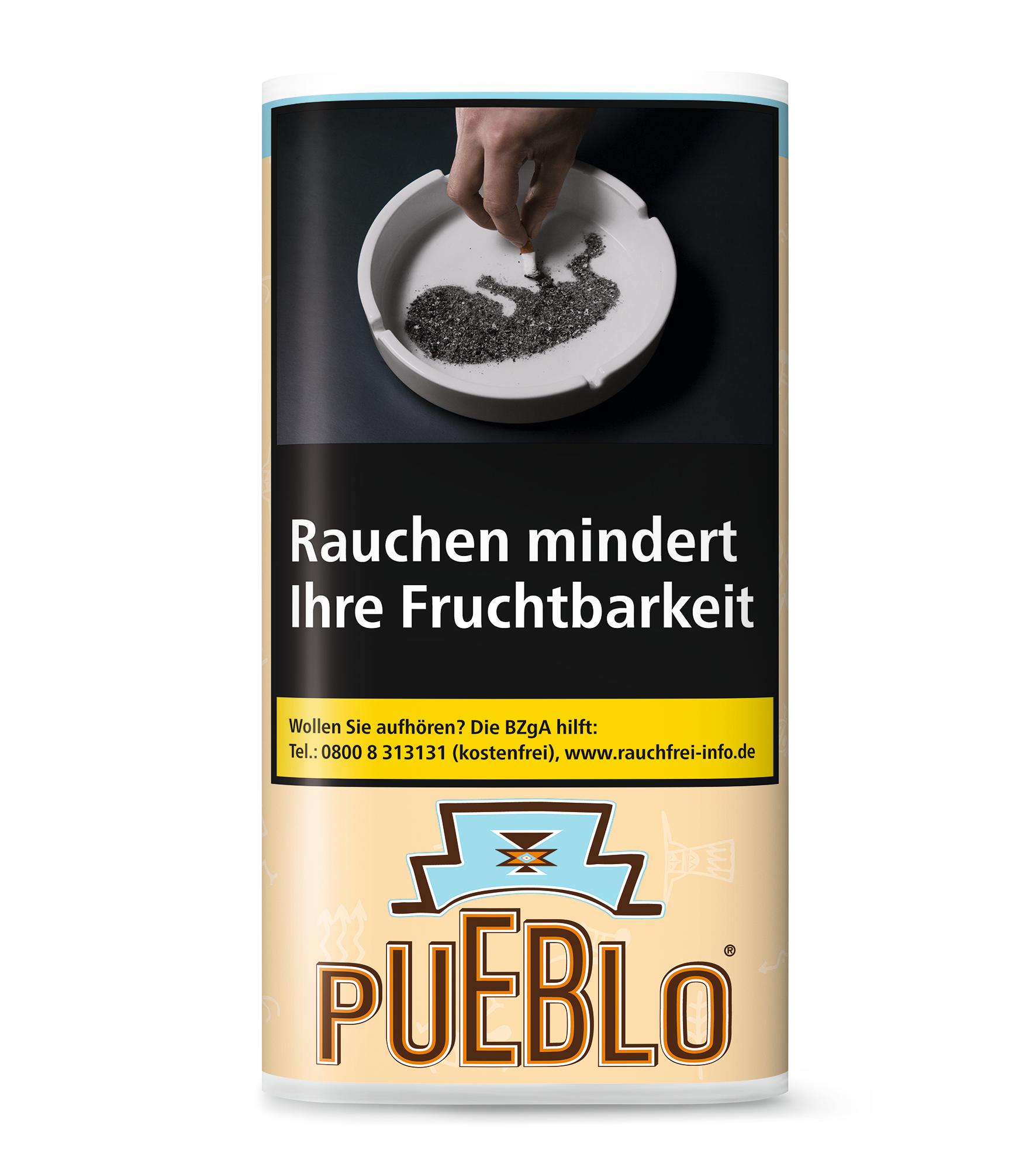 Zylindrische, beige-farbene Packung Pueblo Classic Zigarettentabak der Marke Pueblo mit blau-braunem Logo, die 10 Pouches á 30 Gramm enthält.