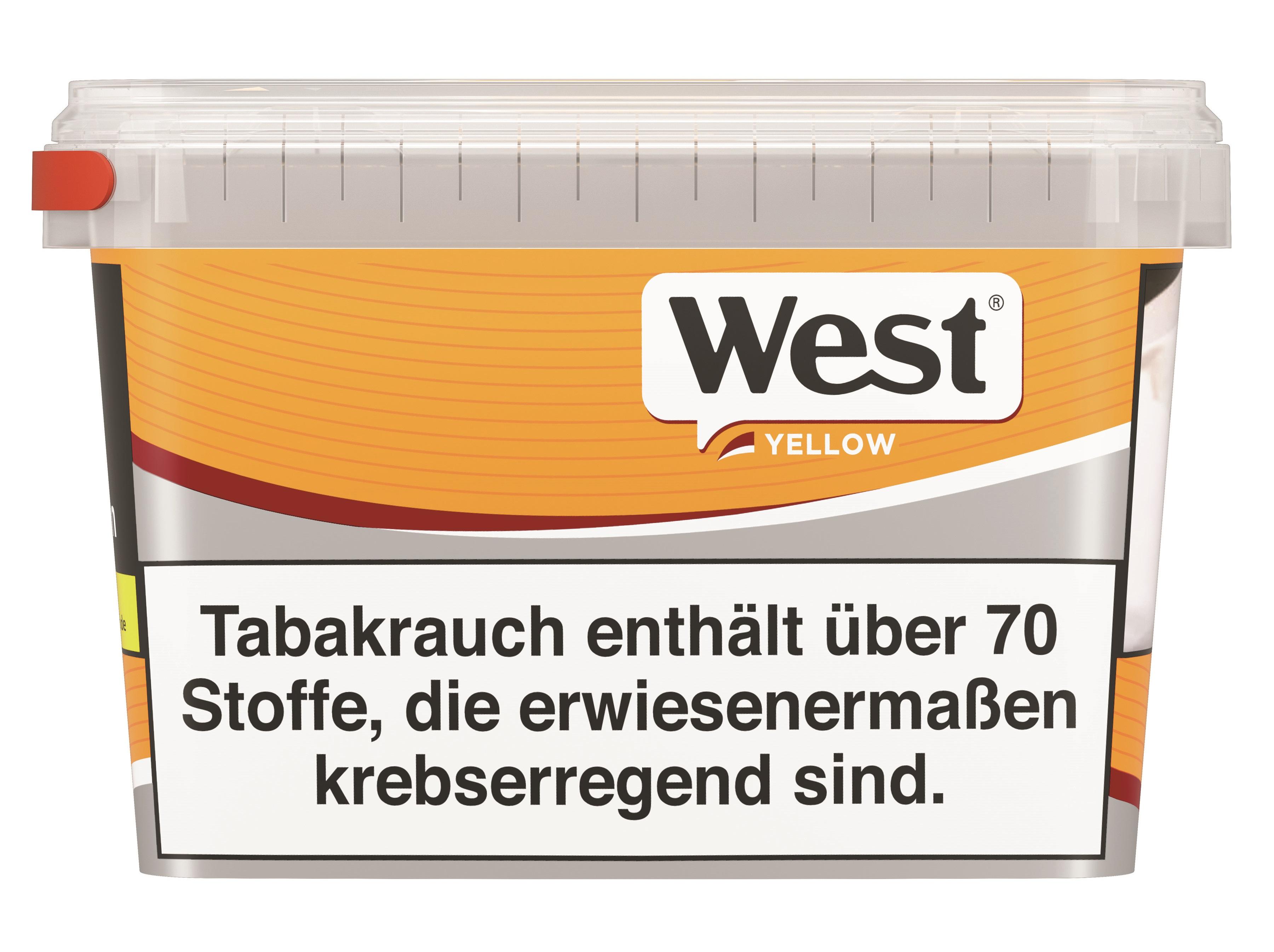 West Yellow Volumentabak Mega Box von West in einem transparenten Kunststoff-Eimer mit rotem Deckel, 110 Gramm Inhalt.