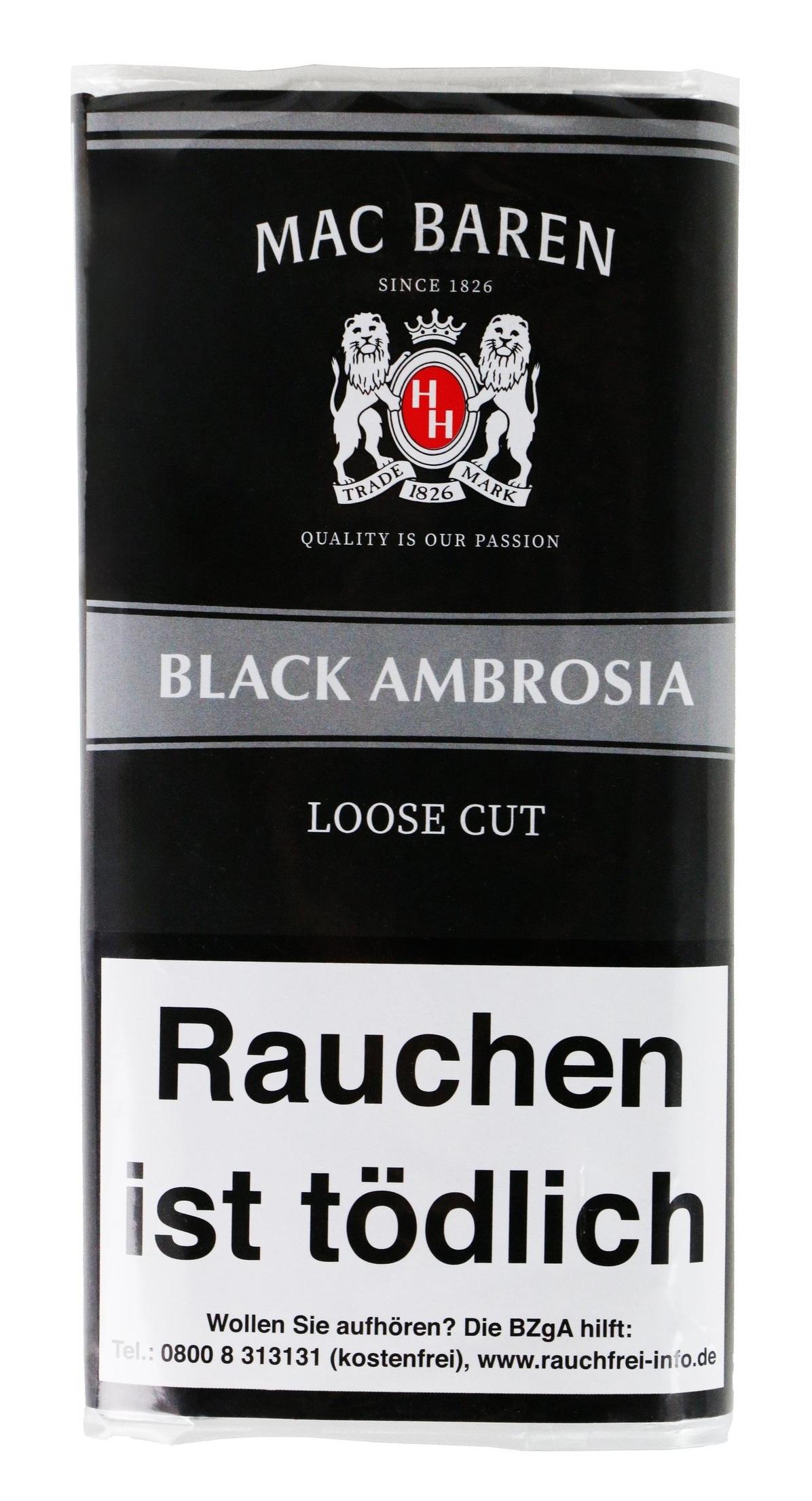 Mac Baren Pfeifentabak Black Ambrosia in schwarzer Packung mit goldfarbenem Wappen und 'Since 1826'. Enthält Black Cavendish, Virginia, Burley. 5 Packungen à 50 Gramm.