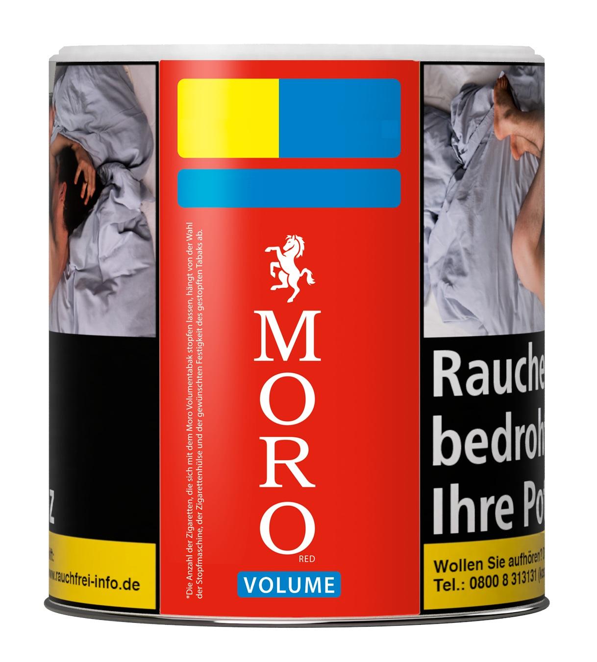 Rote, zylindrische Dose Moro Volumentabak mit weißem Pferdelogo, gelben und blauen Zierstreifen sowie einem Inhalt von 41 Gramm.