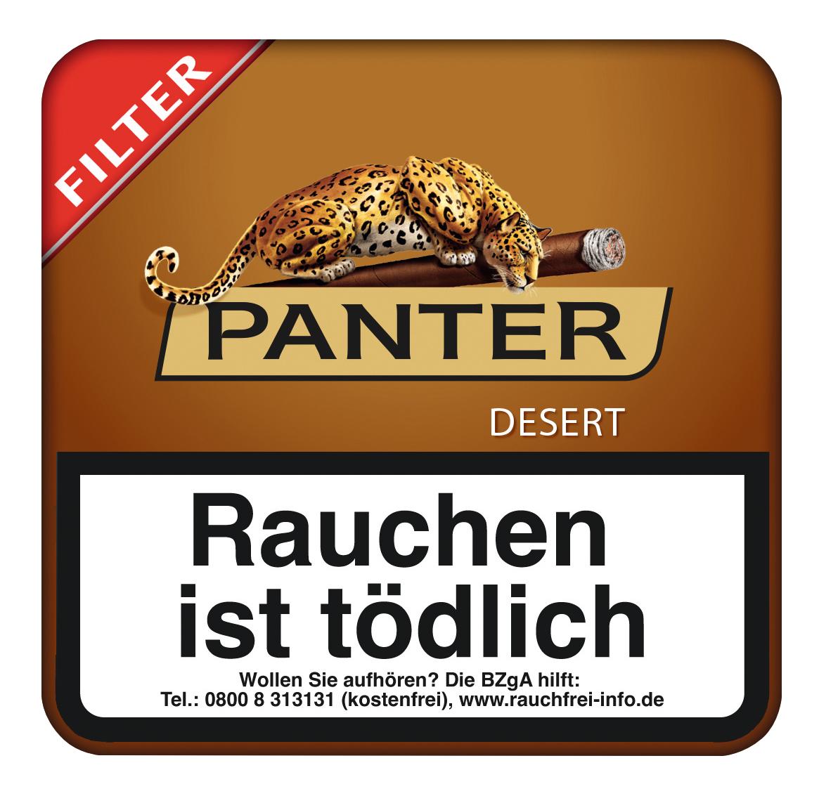 Panter Desert Zigarillos mit Filter, 5 Packungen á 20 Stück, inklusive gesetzlich vorgeschriebener Warnhinweise auf der Verpackung.