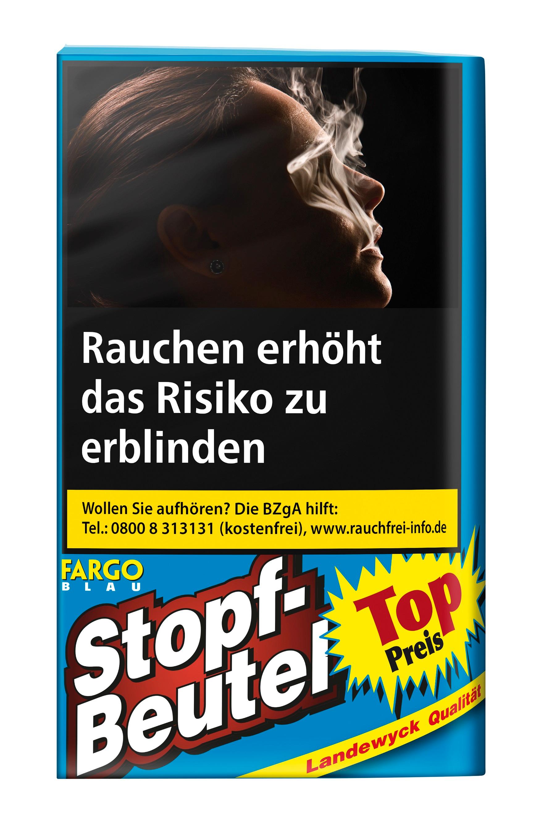 Blaue Packung Fargo Zigarettentabak Stopf-Beutel Blau mit Warnhinweisen und Herstellerhinweis Landewyck Qualität, Verpackungseinheit 10 Pouches á 30 Gramm.