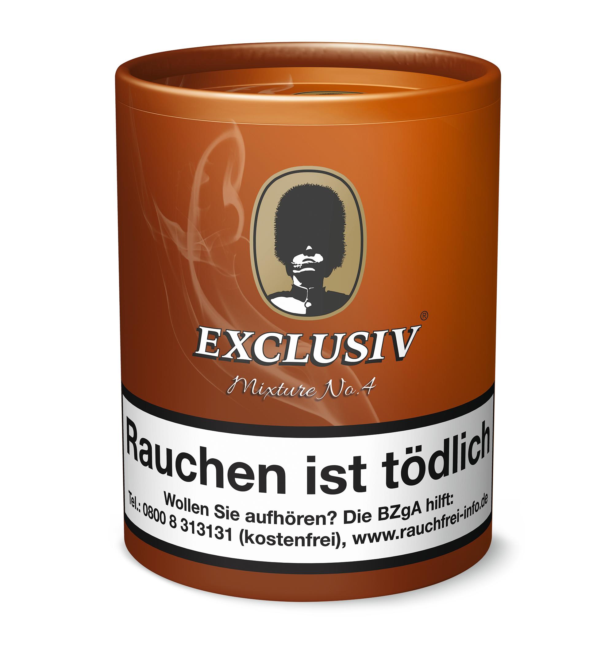 Exclusiv Pfeifentabak Mixture No. 4 (Cavendish) 1 Dose 200 Gramm Exclusiv Pfeifentabak Mixture No. 4 in brauner zylindrischer Dose zu 200 Gramm, mit weißem Produktetikett, goldfarbenem Hersteller-Emblem und Warnhinweis.