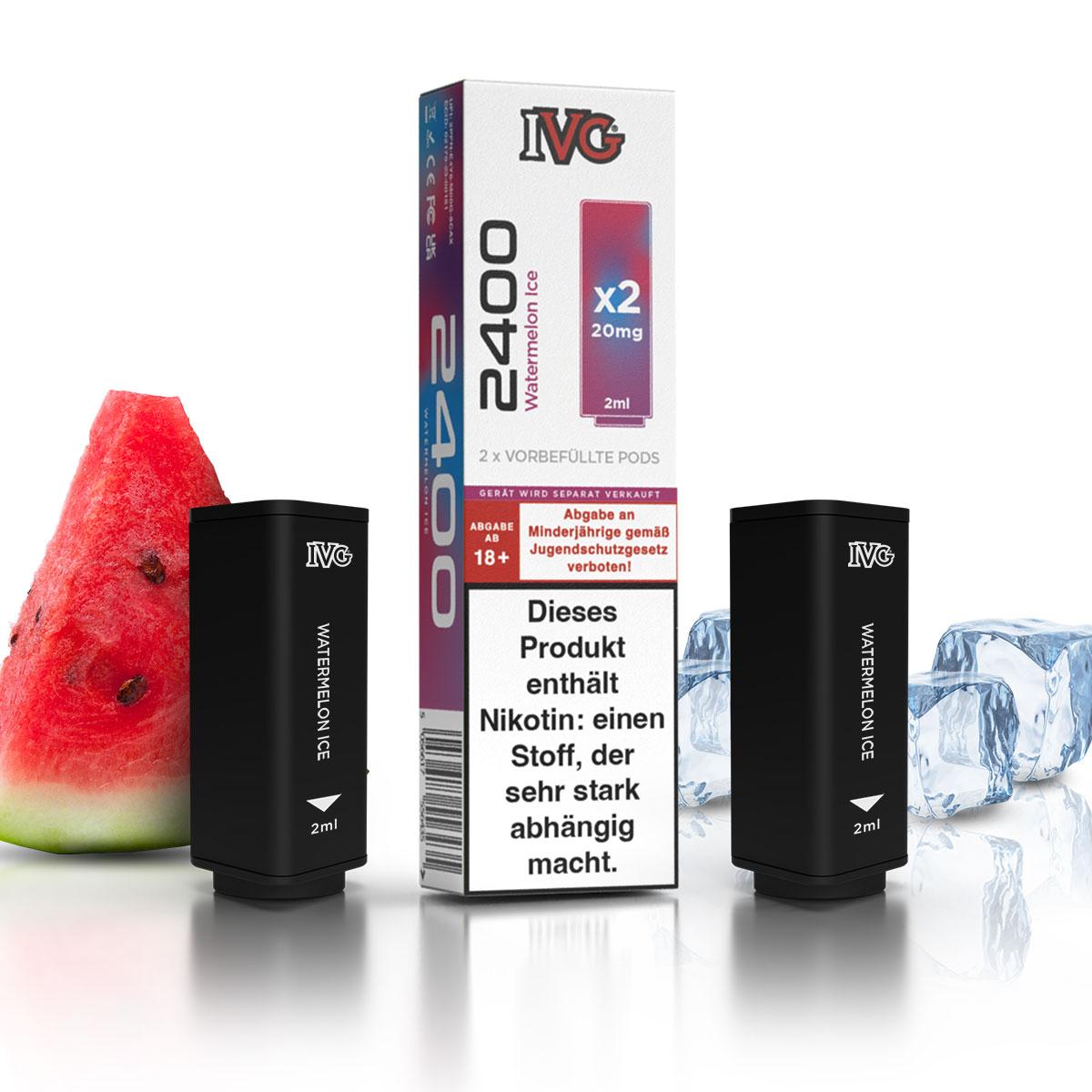 Zwei IVG 2400 Pods mit 20mg/ml Nikotingehalt als 2er-Packung für das IVG 2400 Basisgerät.