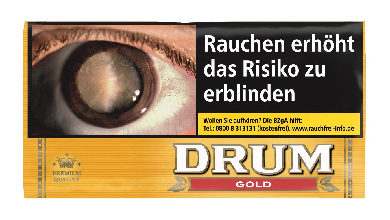 Drum Gold Zigarettentabak, 30 Gramm Pouch, gelb-schwarze Verpackung mit Markenlogo, Premium Quality Kennzeichnung und gesetzlichem Warnhinweis.