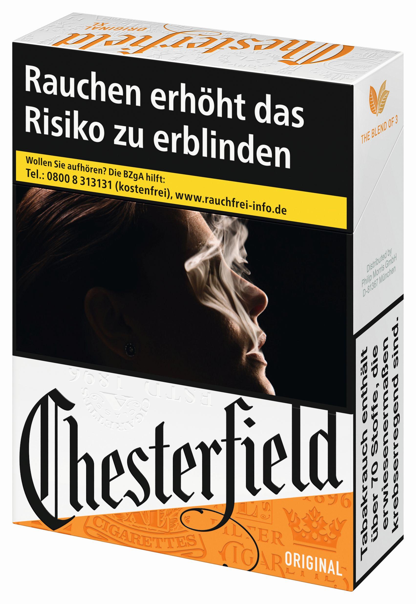 Packung Chesterfield Original (Red) XL Zigaretten mit 23 Stück Inhalt. Die weiße Schachtel trägt das orange-schwarze Chesterfield Logo und Warnhinweise zum Rauchen in Deutsch und Englisch.