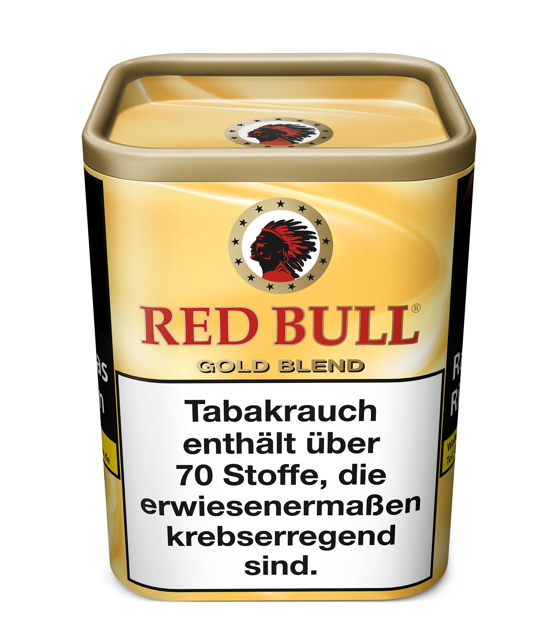 Red Bull Zigarettentabak Gold Blend American Blend in goldener Dose mit schwarzem Deckel und Red Bull Logo, 120 Gramm Inhalt, geeignet zum Drehen und Stopfen von Zigaretten.