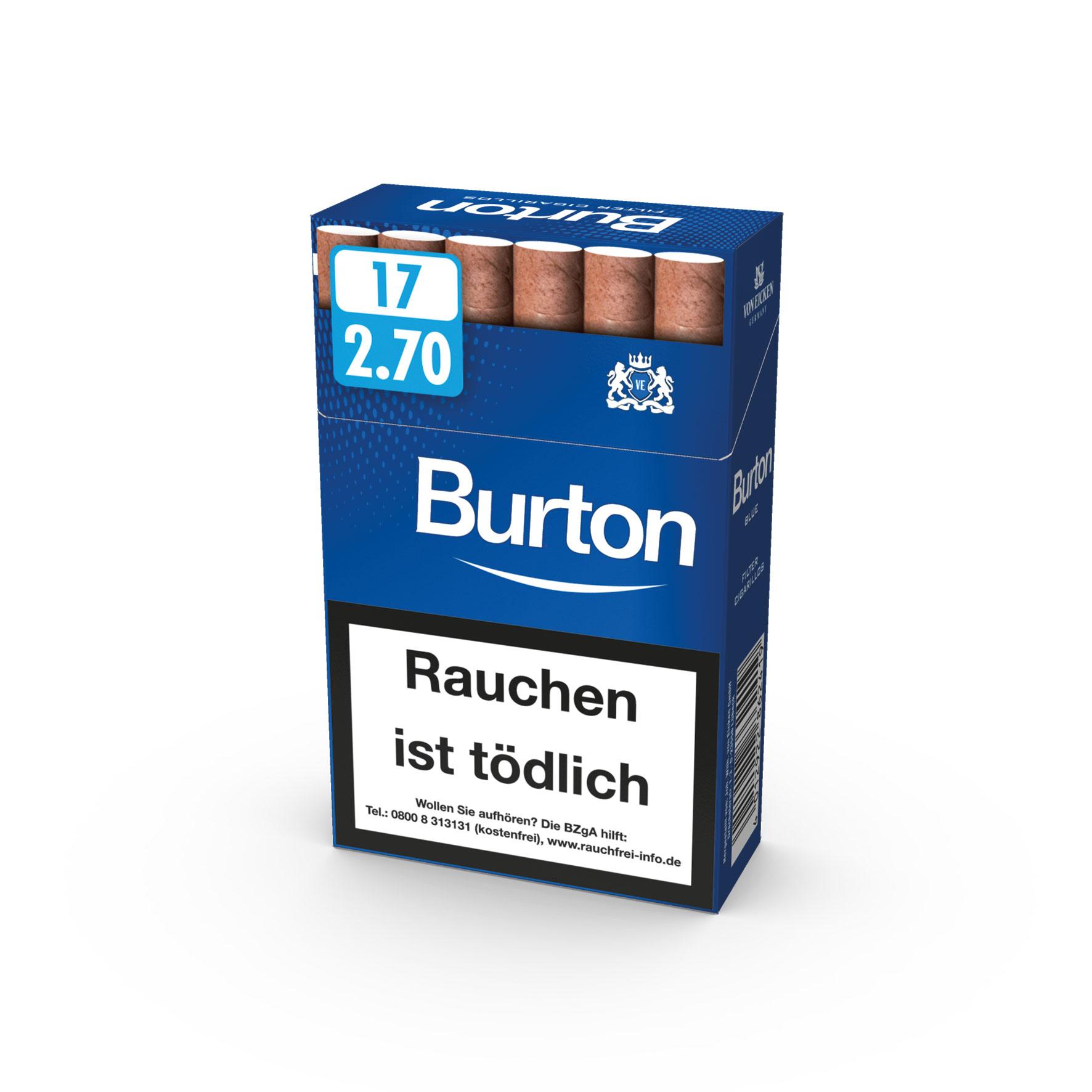 Blaue 17er-Packung Burton Blue Filter Zigarillos der Marke Burton.