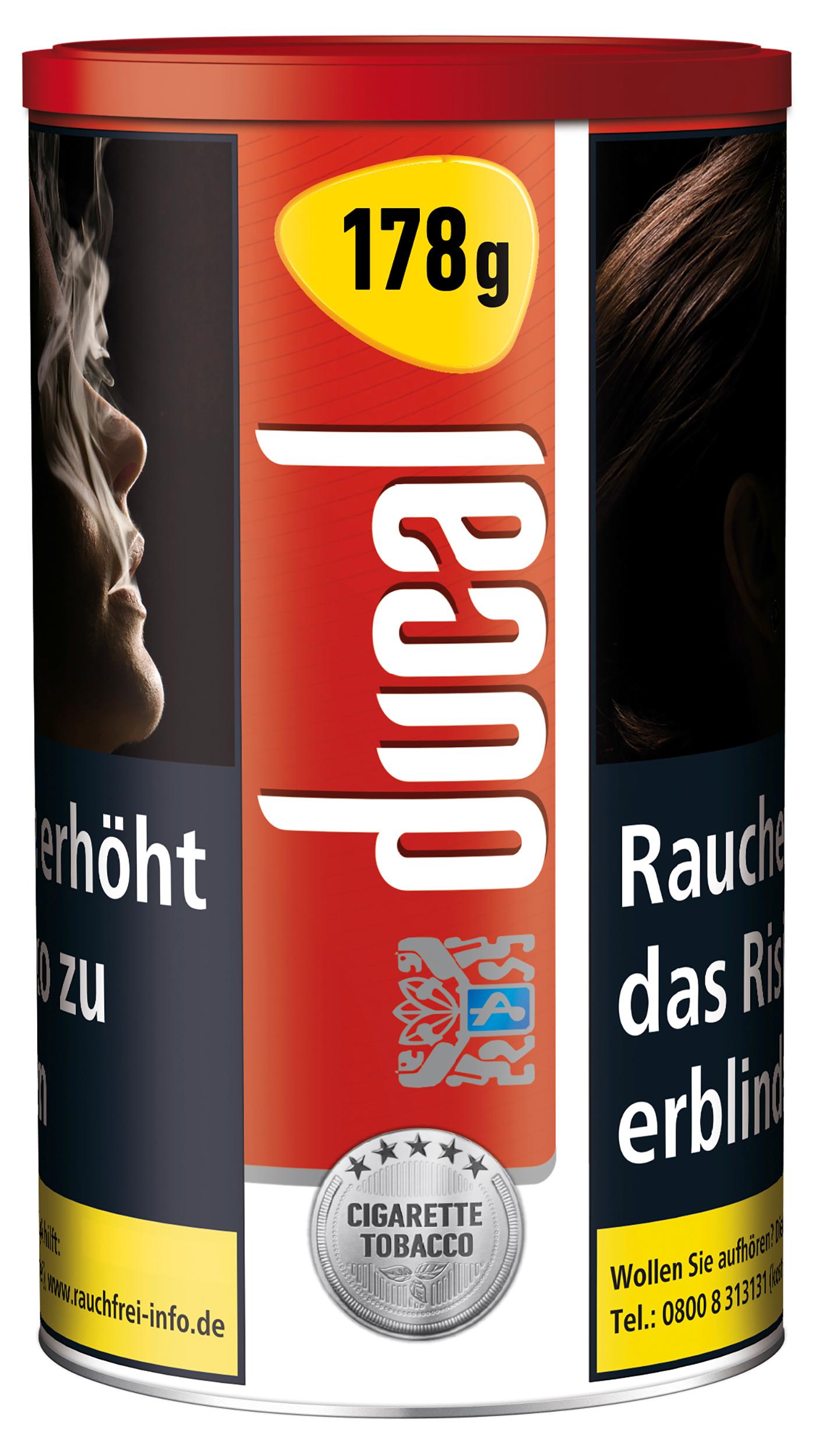 Ducal Red Zigarettentabak von Ducal in roter 178-Gramm-Dose mit Warnhinweisen.