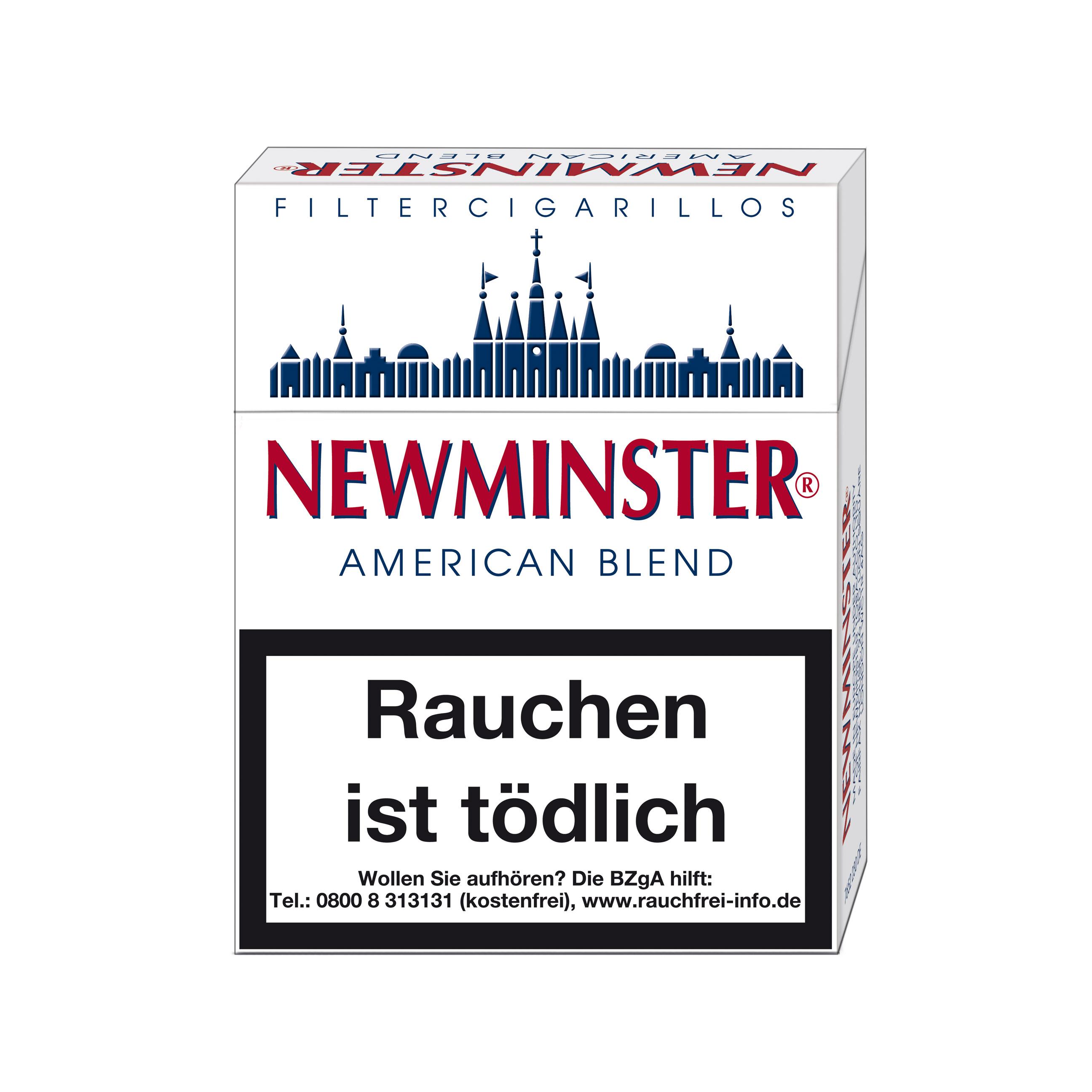 Weiße Newminster American Blend Zigarillos Packung mit 23 Stück, verziert mit einer dunkelblauen Skyline-Silhouette und dem roten Markenschriftzug.