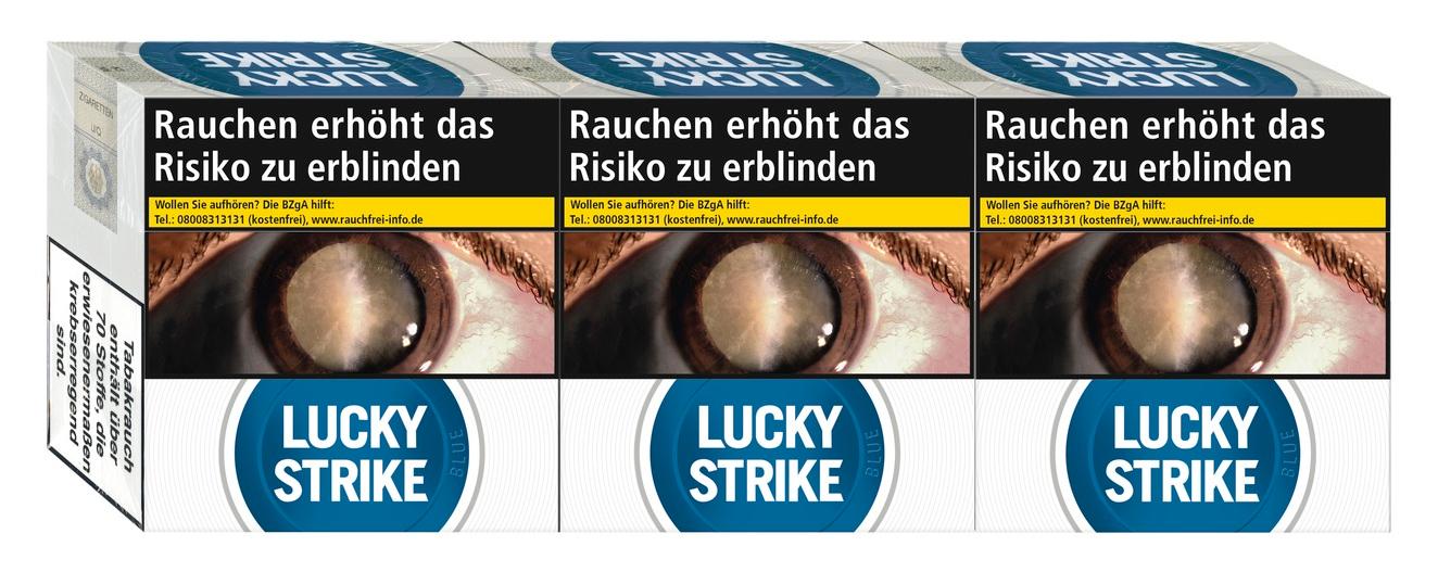Drei Packungen Lucky Strike Blue Hercules Zigaretten mit Markenlogo und gesetzlichem Warnhinweis, insgesamt 3 Packungen mit je 60 Stück.