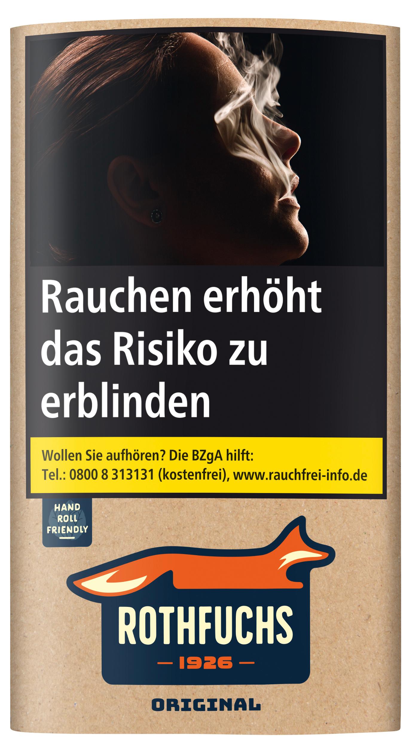 Rothfuchs Original Tabak 1 Gebinde (5 Pouches á 30g) in brauner Packung mit orangefarbenem Fuchs Logo und Hand Roll Friendly Label.
