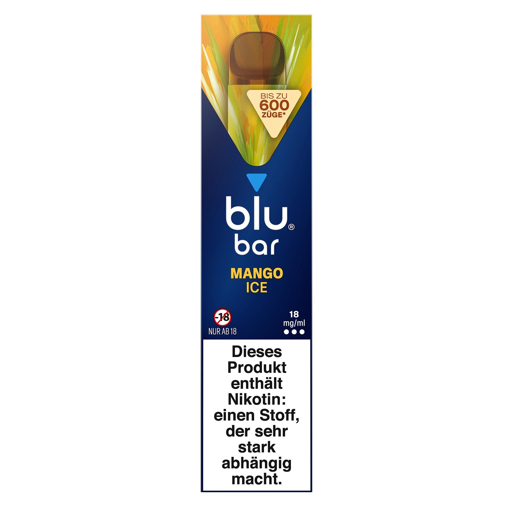 Blaue Verpackung der "blu bar Mango Ice" Einweg E-Zigarette von myBlu mit Mango-Eis Geschmack und 18mg Nikotin, mit gelb-orangem Design und deutschem Warnhinweis. Einzeln verpackt.