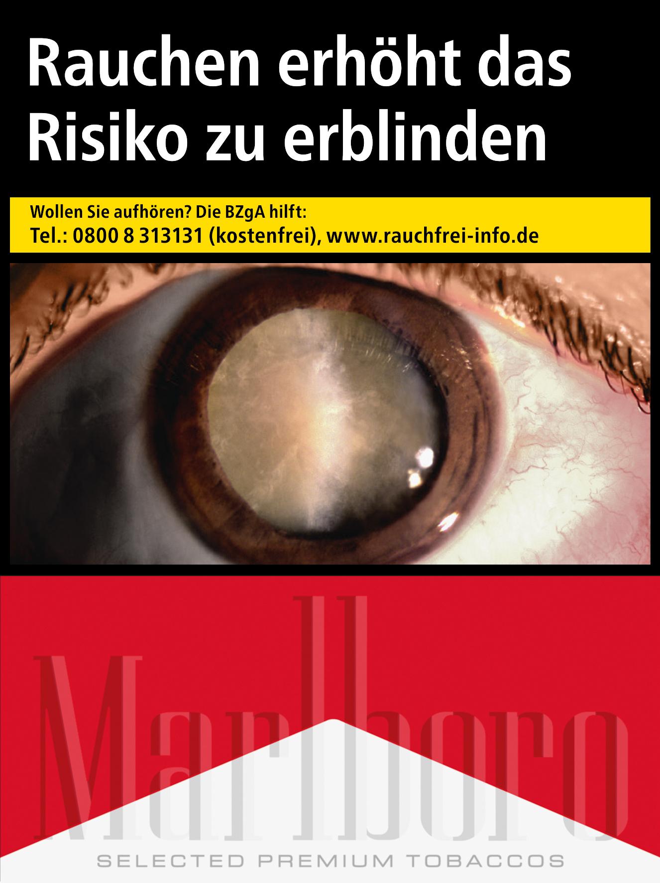 Marlboro Red 2XL Zigarettenpackung mit Warnhinweis zum Augenreizungspotential durch Zigarettenrauch, inklusive Augensymbol, Telefonnummer und Webseite für Rauchfrei-Informationen. Verpackungseinheit: 24 Stück.