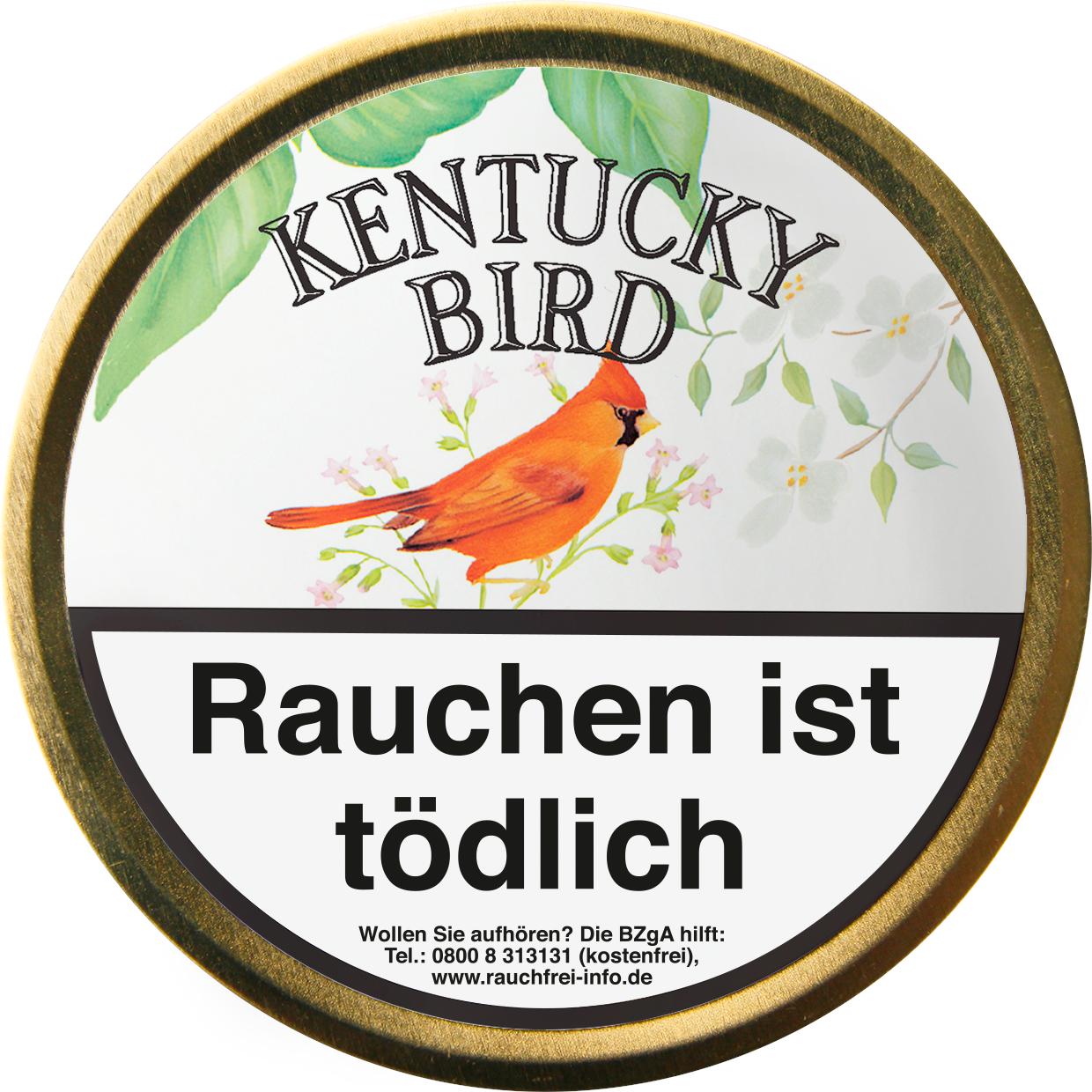 Kentucky Bird Pfeifentabak in einer 100 Gramm Dose, verziert mit einem roten Kardinal auf einem blühenden Zweig und Warnhinweis.