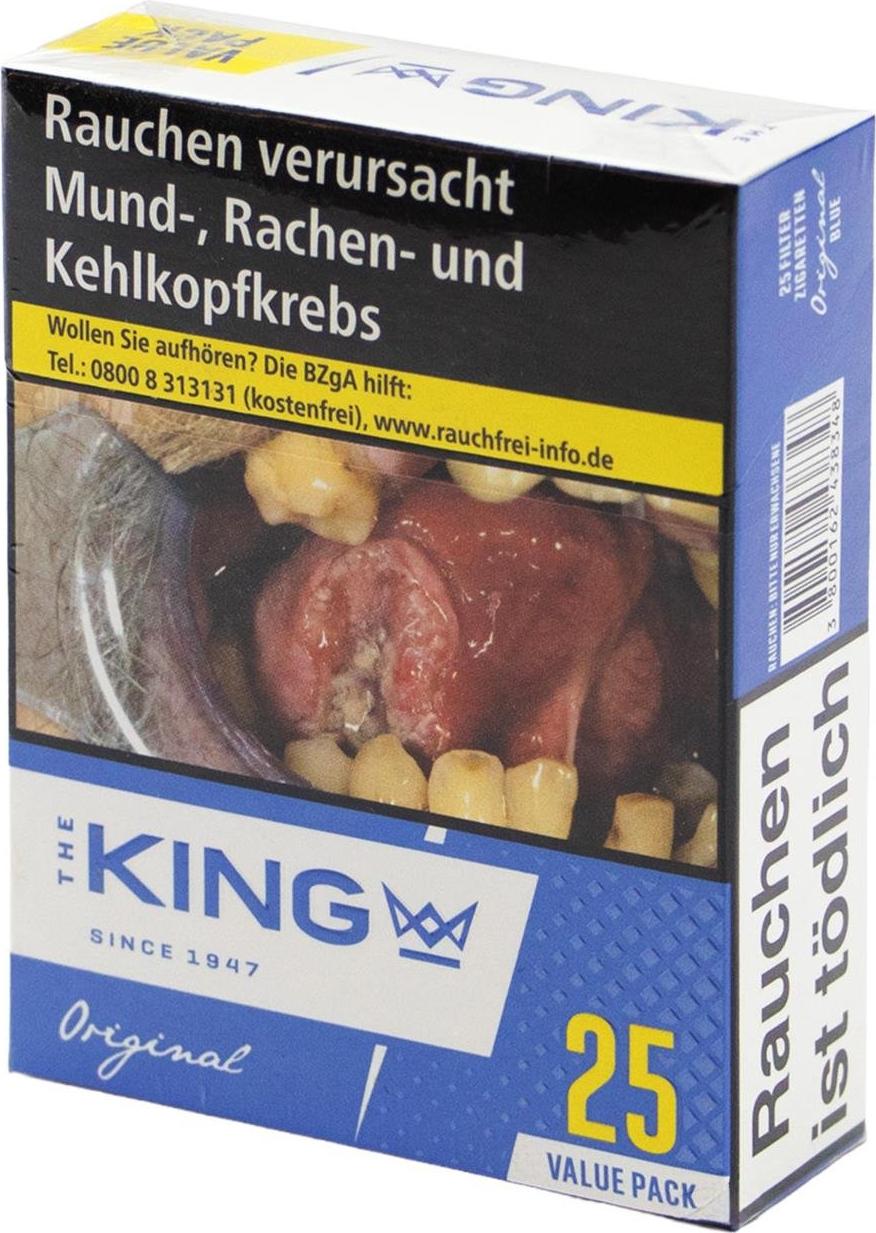 King Blue Zigaretten im 25er Value Pack, bestehend aus einem American Blend aus Virginia-, Burley- und Orient-Tabaken in einer blau-weißen Box.