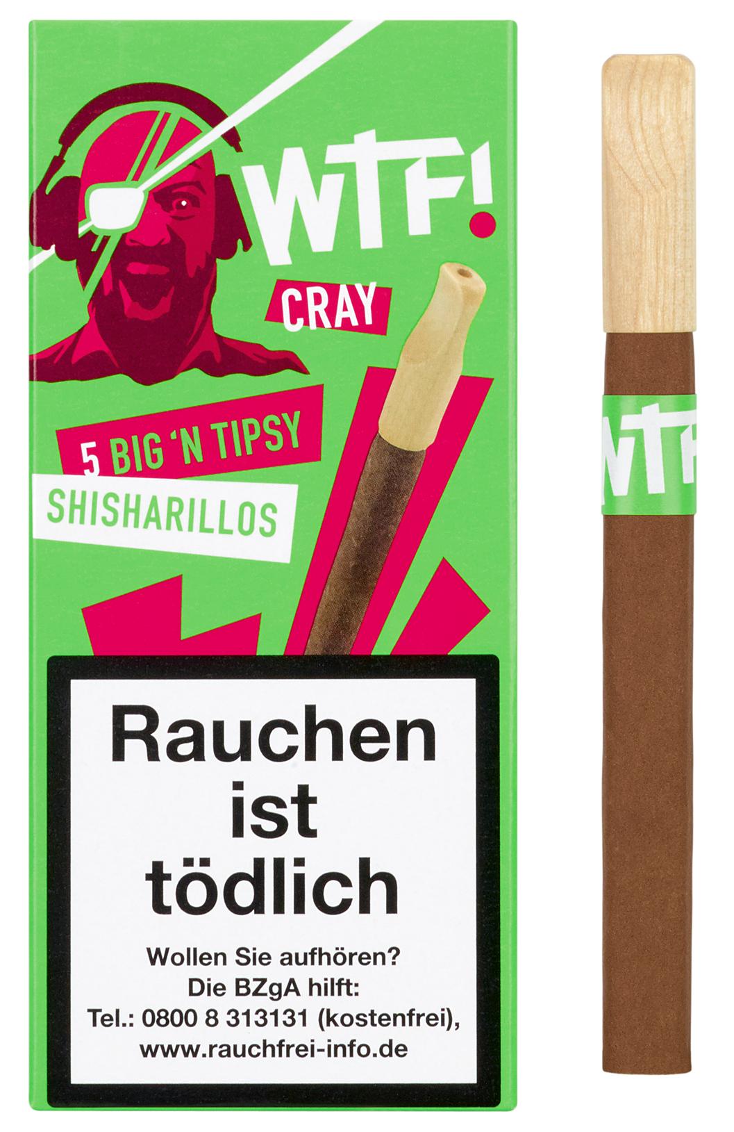 Eine Stange WTF! Shisharillo Cray Big`n Tipsy Apfel-Shisha-Zigarillos, bestehend aus zehn Packungen à fünf Stück, in grüner Verpackung mit einer Illustration eines cartoonhaften Mannes mit rotem Bart und Kopftuch.