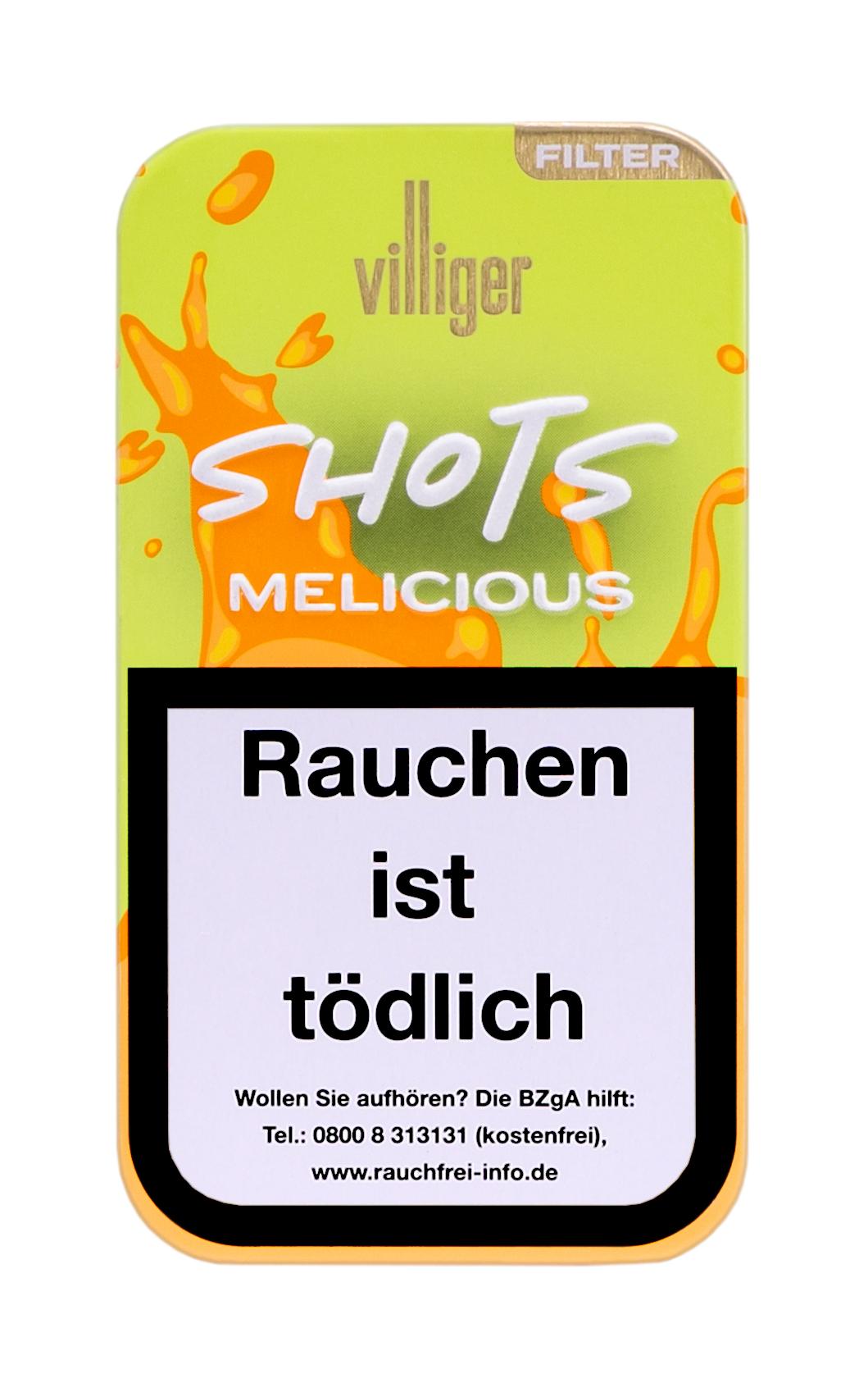 Gelbe Villiger Shots Filterhülsen als 10er-Pack mit orangefarbenem Spritzer-Design und gesetzlichem Warnhinweis.