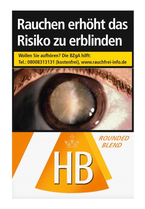 HB Zigaretten Rounded Blend, 10 Packungen mit je 20 Stück, mit gesetzlich vorgeschriebenen Warnhinweisen auf weißem Hintergrund.