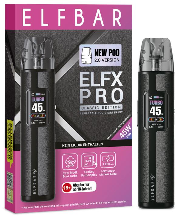 Elfbar Elfx Pro Starter Kit in Schwarz mit 1200 mAh Akku, Farbdisplay, 45 W Leistung und 0.4 Ohm Pod in der Originalverpackung, 1 Stück.