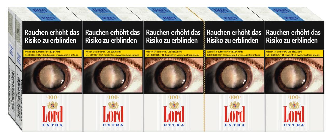 Stange Lord Extra 100 mm Zigaretten mit 10 Packungen und Augenmotiv auf dem schwarz-weißen Etikett.