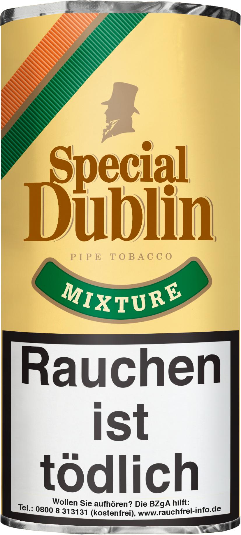 Special Dublin Pfeifentabak Danish Mixture, eine Mischung aus Virginia- und Black Cavendish-Tabaken mit irischem Whiskey-Aroma, angeboten in einer gelben Dose mit Streifenmuster und dem Markensymbol eines Mannes mit Zylinder. Verpackungseinheit: 5 Packung