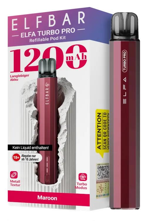 Elfa Turbo Pro Set in der Farbe Maroon, bestehend aus einem 1200 mAh Akkuträger mit Aluminiumgehäuse und einem 0.8 Ohm Refill Pod in der 1er-Packung.