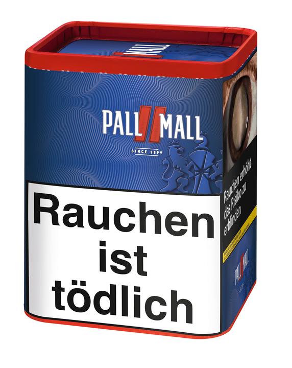 Pall Mall Red Zigarettentabak XXL in blauer und roter Dose à 75 Gramm, mit 'Rauchen ist tödlich' Warnhinweis.