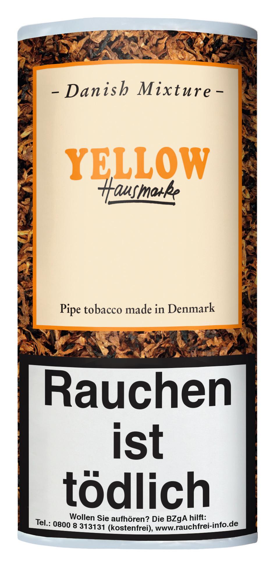Danish Mixture Yellow Pfeifentabak in der 50 Gramm Pouch mit beigefarbener Verpackung und dänischer Tabakmischung im Loose-Cut-Schnitt.