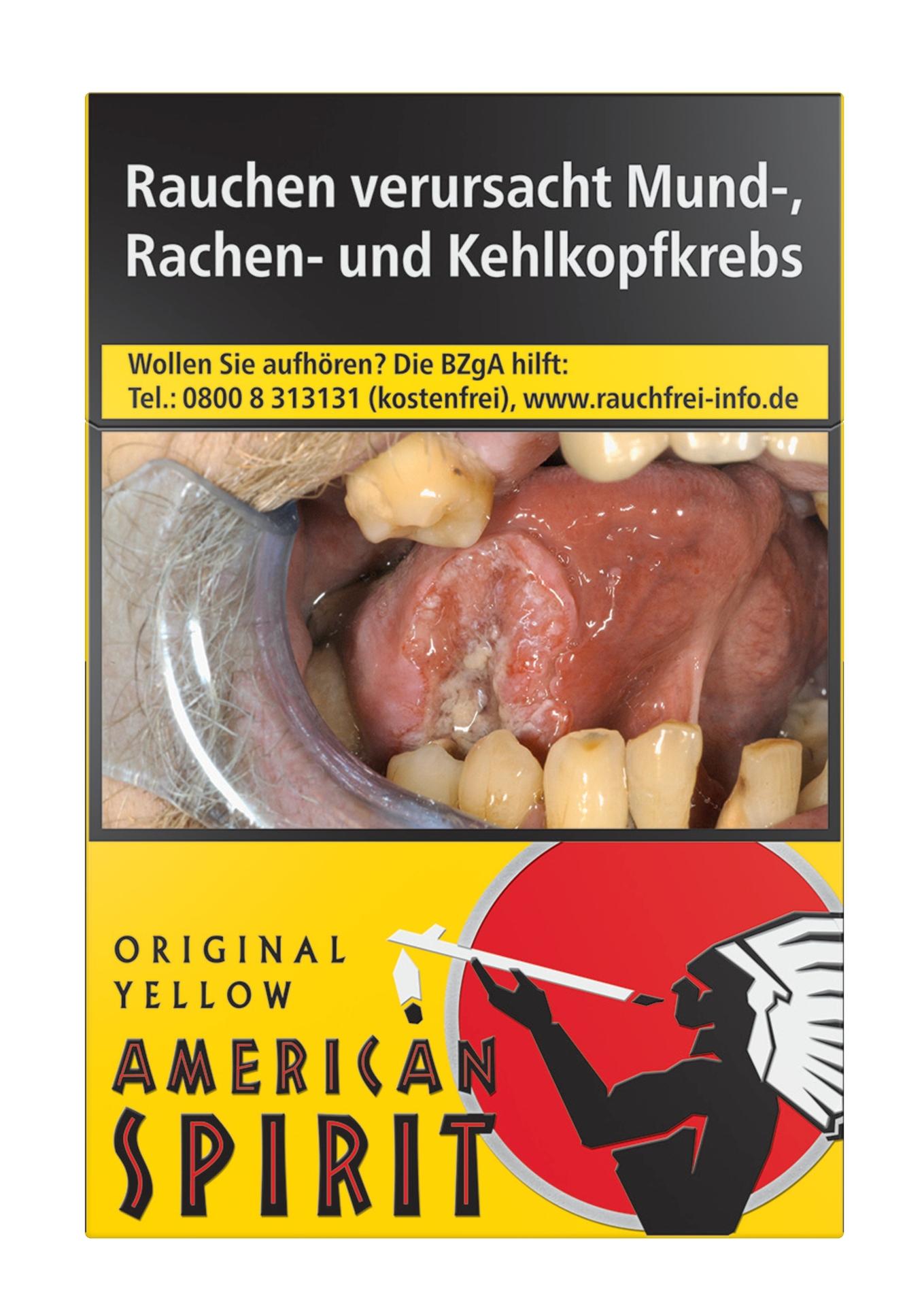 American Spirit Zigaretten Original Yellow L 1 Packung 20 Stück Gelb-schwarze Packung American Spirit Zigaretten Original Yellow (20 Stück) mit Indianerkopf-Motiv und prominentem Markenschriftzug.