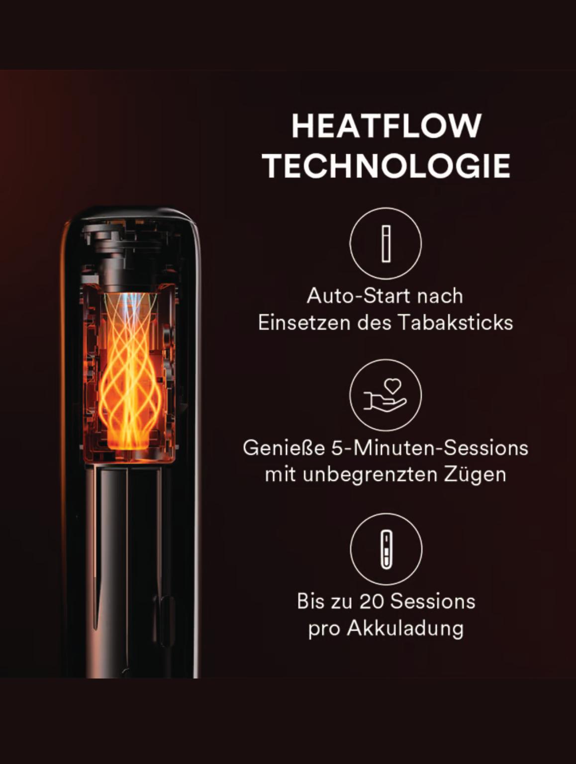Schwarzer Ploom Aura Tabakerhitzer mit HeatFlow-Technologie und Induktionsheizung in der Verpackungseinheit von einem Stück.