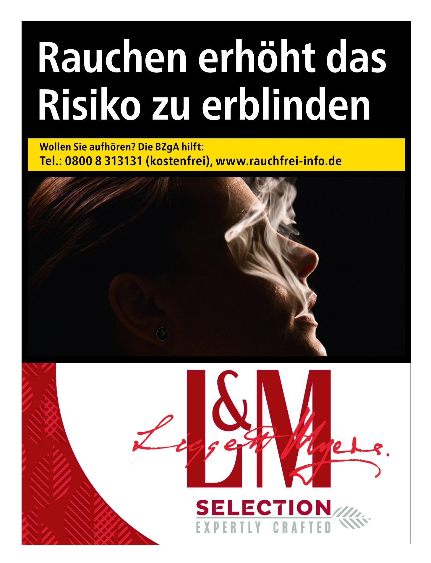 L&M Selection Red Zigaretten, 28 Stück, inklusive gesetzlich vorgeschriebener Warnhinweise und Kontaktdaten auf schwarzem Hintergrund.